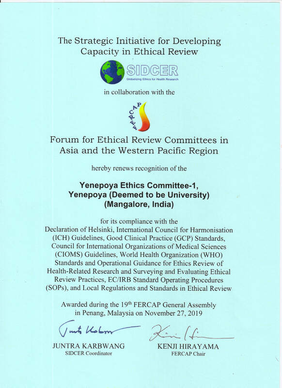 Forum for Ethics Review Committees of the Asia and Western Pacific Region (FERCAP)  of Yenepoya Ethics Committee-1